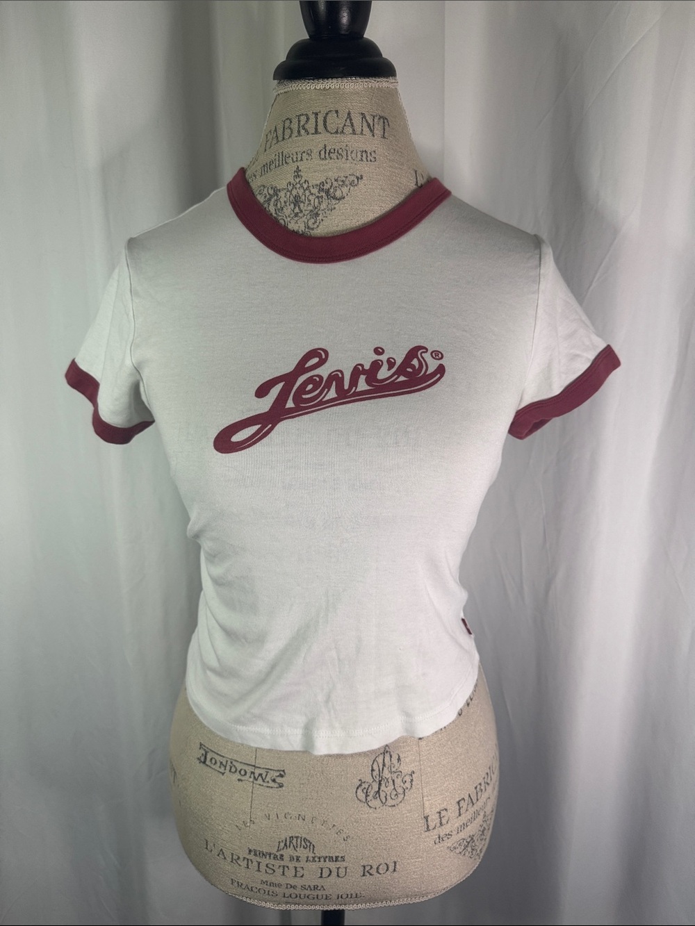 Levi's White Tee with Maroon Logo and Trim